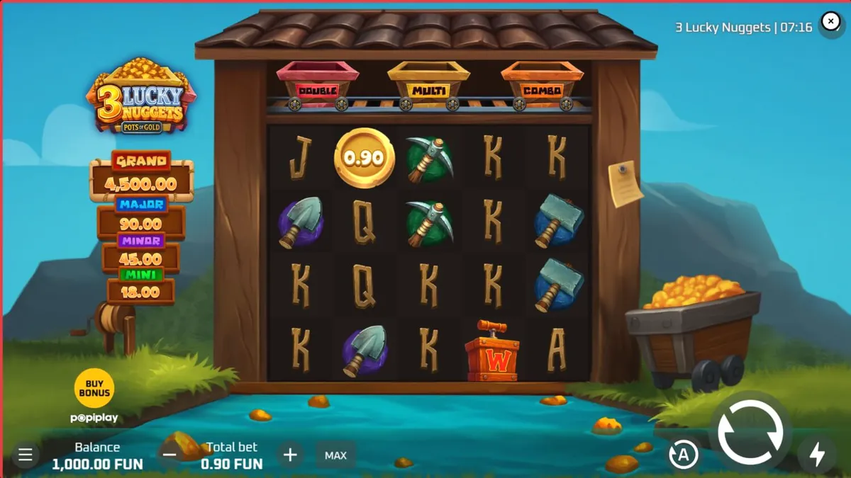 Tampilan visual slot 3 Lucky Nuggets dengan tema tambang emas dan fitur Hold & Win.